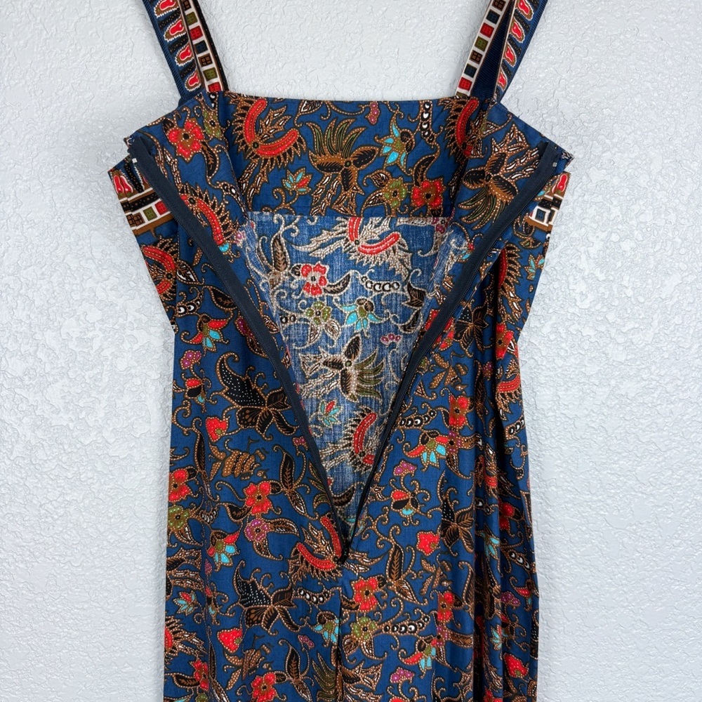 Handmade Floral Print Boho Sleeveless Maxi Dress Navy Blue Orange Brown Indie - Picture 8 of 9